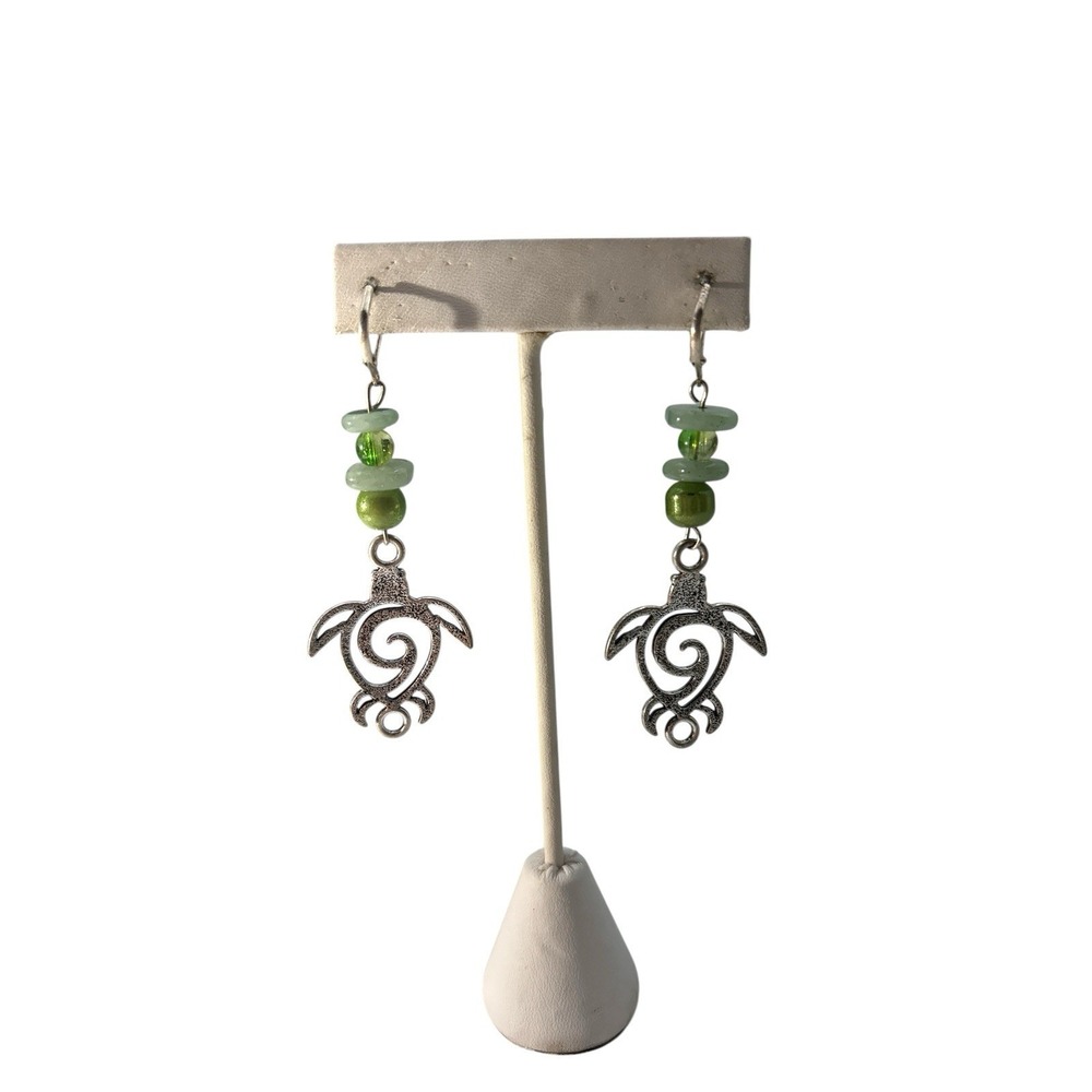 Vintage Silver Tone Multi Shade Green Bead‎ Fun Turtle Pierced Dangle Earrings - Picture 3 of 4